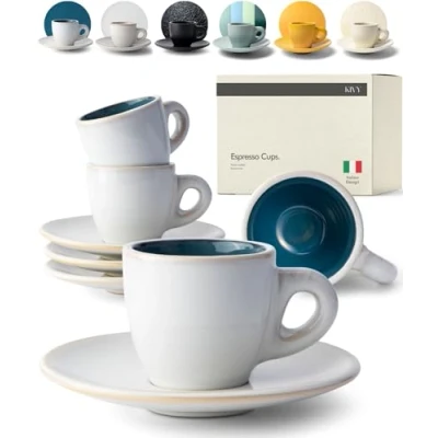 Image of KIVY Espresso Cups Set [4 x 75 ml] Handmade from Thick Walled Stoneware Cup with Saucer Italian Blue Beige Mocha