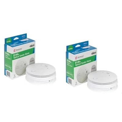 Image of Aico Ei146e Optical Smoke Alarm AC mains power supply and 9V alkaline battery back up. 2 Pack