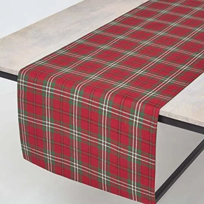 Image of HOMESCAPES Christmas Table Runner Edward Tartan Check x Mas design 17 70 Inch 100% Cotton White Green and Red Colour Washable at Home