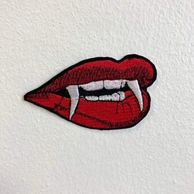 Image of Vampire Lips and Teeth Iron Sew on Embroidered Patch