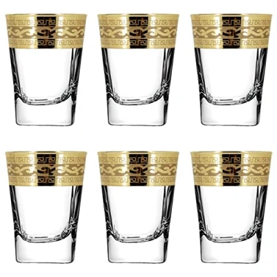 Image of Roman Deluxe Shot Glasses Set of 6 with Unique Unusual Gold Rim Decor/Fancy Vodka Shots/Pretty Tequila Glasses/Heavy Base 80ml Gift for Women or Men (Gold Classic Decor)