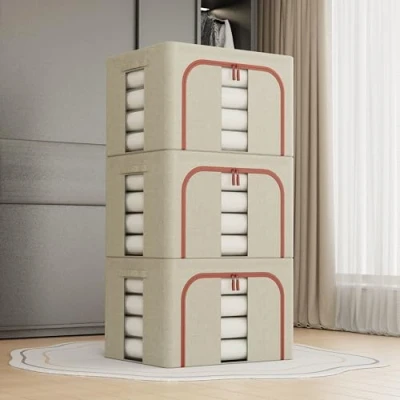 Image of 3Pcs Clothes Storage Bins,66L Beige Cloth Boxes with Metal Frame,Foldable Fabric Bins Organizer for Clothes,Stackable Openings Bin Lid,Clear Windows,Zippers,Durable Handles
