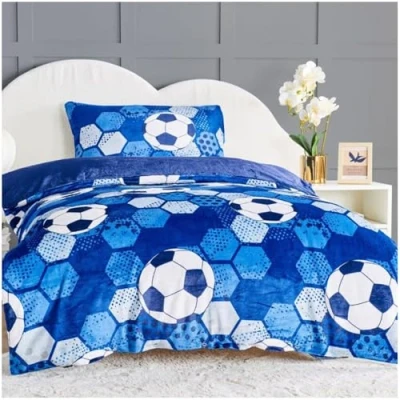 Image of GC GAVENO CAVAILIA Kids Teddy Duvet Cover Single Bed Football Fleece Bedding Quilt Set with Pillowcase (135x200 cm) Warm, Snuggle, Cosy Blue Machine Washable