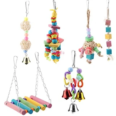 Image of Bird Chew Toy, 6Pcs/Set Birds Parrots Swing Chewing Toy Colorful Wooden Beads Hanging Bridge Bells Parrot Cage Bite Toys for Small Macaws Parakeets Conures Cockatiels