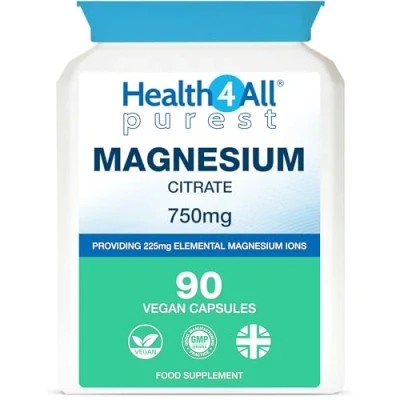 Image of Health4All Magnesium Citrate 750mg 90 Capsules (V) (225mg Elemental Magnesium) Purest: no additives. Vegan.