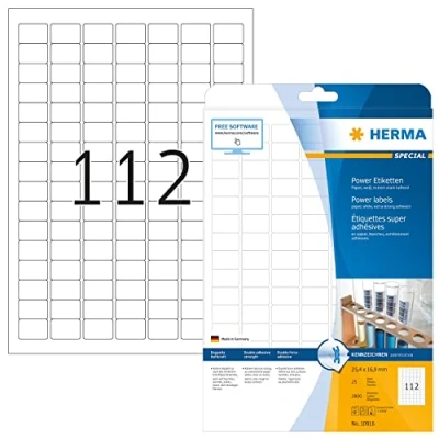 Image of HERMA Extra Strong Adhesive Labels, 112 Labels per A4 Sheet, 25 Sheets, 25.4 x 16.9 mm, 2800 Blank Heavy Duty Stickers, Sticky for Laser &amp; Inkjet Printer, White