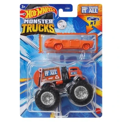 Image of Hot Wheels Monster Trucks Toy Vehicle Truck Will Trash It All + Station Wagon Orange for Kids Ages 3 and Up