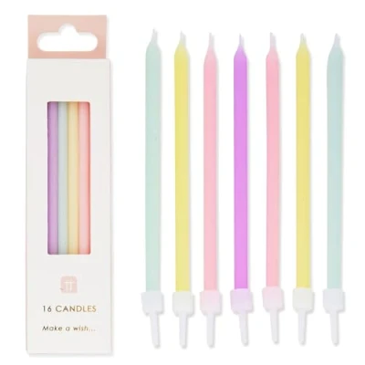Image of Pack of 16 Rainbow Pastel Birthday Candles with Holders Tall Thin 10cm Cake Decorations for Birthdays, Baby Shower, Easter, Girls Party, Daughter, 16th, 18th, 21st