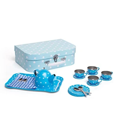 Image of Bigjigs Toys Blue Polka Dot Kids Tea Set with Carry Case 15 Piece Tin Children&#039;s for Pretend Play Matching Tray &amp; Basket, Boys Girls