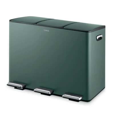 Image of Tower ​​T838021FOR Recycling Pedal Bin, Three 15L Compartments with Removable Inner Buckets, Carbon Steel Body, 45L, Forest Green​