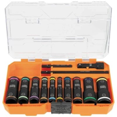 Image of Klein Tools 65239 KNECT Flip 20 Deep Impact Socket Set, SAE and Metric Sizes with MODbox Case, Heavy Duty Sockets 1/4 3/8 Inch Adapters