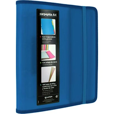 Image of Grafoplás 88200030 Carpeplus, 4 Rings, A4, Blue, Polypropylene, with Side Flap, Refill of 100 Sheets, Dividers and Transparent Envelope, Multiline.