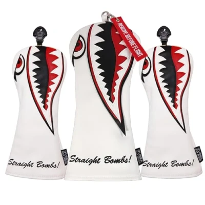 Image of SHABIER New War Shark Flying Tiger Warshark Golf Driver Headcover for Taylormade M3 M4 M5 M6 SIM Club(White Driver+Fairway+Hybird)