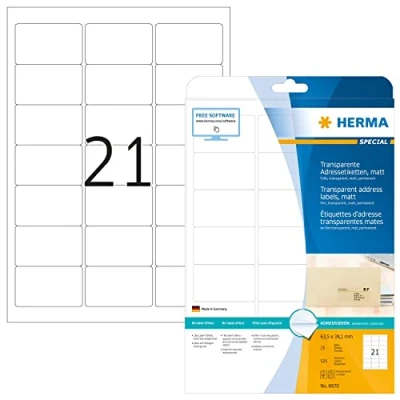 Image of HERMA Self Adhesive Clear Film Labels, 21 Labels per A4 Sheet, 25 Sheets, 63.5 x 38.1 mm, 525 Blank Weatherproof Stickers, Sticky for Laser &amp; Inkjet Printer, Transparent