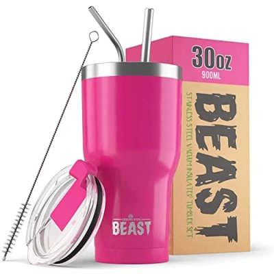 Image of Beast Tumbler 900 ml (30 oz), Cup Cake Pink Reusable Stainless Steel, Vacuum Insulated with + 2 Straws &amp; Cleaning Brush Double Wall Travel Flask Perfect for Hot or Iced Coffee BPA Free
