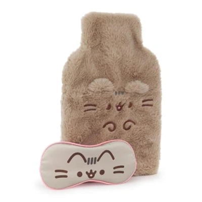 Image of Pusheen Womens Hot Water Bottle &amp; Eye Mask Set Ladies Girls Furry Heat Pad and Satin Sleepwear Cover in Brown Complete Matching Nightwear Gift Bundle Cat Kitten Merchandise Apparel