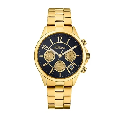 Image of s.Oliver wrist watch ladies quartz analog, with stainless steel bracelet, gold, 3 bar water resistant, comes in watches gift box, 2033532