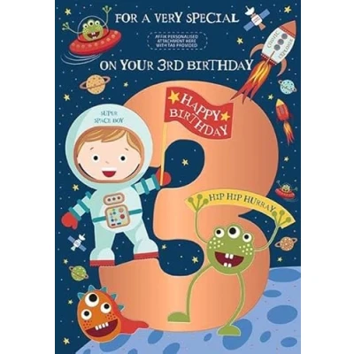 Image of Words &#039;n&#039; Wishes Milestone Age 3 Male Birthday Card for Boys Astronaut Exploring Space with Orange Foil Finish &amp; Personalised Recipient Stickers Eco Friendly Made in Great Britain