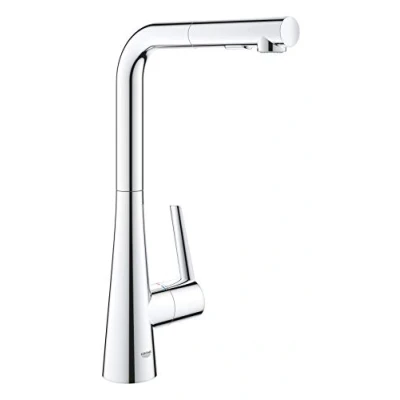 Image of GROHE Zedra Kitchen Tap Single Lever Sink Mixer, High L Spout with Pull Out Comfort Shower Head and 2 Spray Options, 360 Swivel Range, Stainless Steel Look 32553DC2