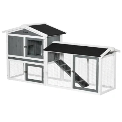 Image of PawHut Rabbit Hutch Outdoor, 2 Tier Guinea Pig Hutch, Wooden Small Animal House with Run Box, Slide out Tray, Ramp, 175.8 x 52 85.5 cm, White