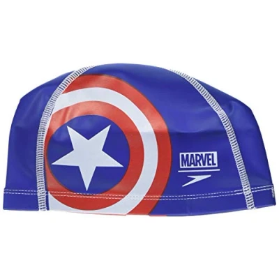 Image of Speedo SPEFT Unisex Child Marvel Printed Junior Cap Neon Blue/Lava Red/White, One Size