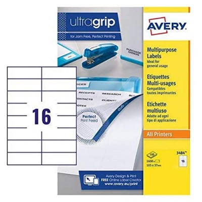 Image of Avery 3484 Printable, Customisable Multipurpose/Copier Labels, 16 Labels per A4 Sheet, White, 100 Sheets