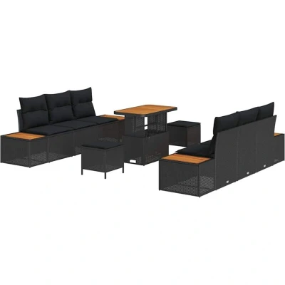 Image of vidaXL 9 Piece Garden Sofa Set with Cushions Black Poly Rattan Acacia