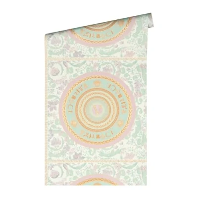 Image of Versace Wallpaper Floral 387052 Luxury Mint Colours Gold Pink White Green Tendril 10.05 x 0.70 m Made in Germany