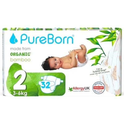 Image of PureBorn Eco Organic Bamboo Nappies, Size 2 (3 6 kg), 32 Hypoallergenic, Ultra Soft, Dermatologically Tested, Wetness Indicator