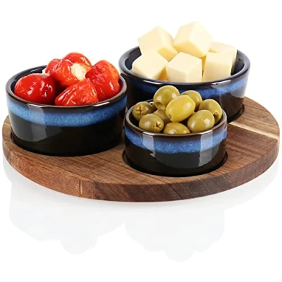 Image of com four® 4 piece serving set bowl with wooden board for tapas, mezze or antipasti 3 bowls in sizes tray made of acacia wood (4 blue)