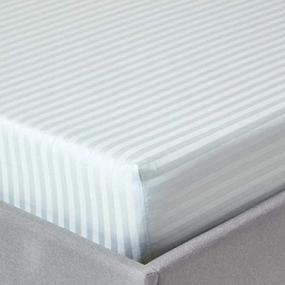 Image of HOMESCAPES Blue Deep Fitted Sheet (12) King 330 TC 500 Thread Count Equivalent Satin Stripe Pure Egyptian Cotton Bed with Fully Elasticated Skirt