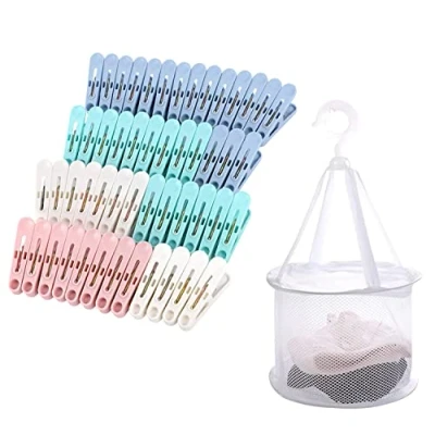 Image of 50 Pcs Clothes Pegs with a Washing Basket, Plastic Laundry Non Slip Strong Grip Line for Home and Garden
