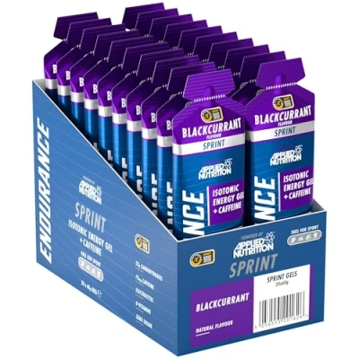 Image of Sprint Energy Gel with Caffeine Easy to Digest Improves Alertness &amp; Concentration Zero Fat Sugar 23g Carbohydrates + Electrolytes B Vitamins (Pack of 20 x 60 gram) (Blackcurrant)
