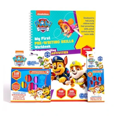 Image of Love Writing Co. My First PAW PATROL pre Skills Bundle Steps Ages 2+. 52 Page Activity Book, 5 Tripod Grip Pencils &amp; 12 Erasable Colour for schoolers