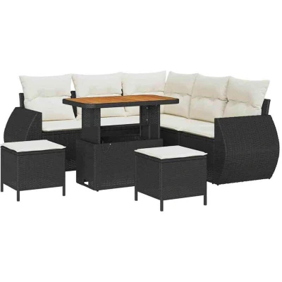 Image of 8 Piece Garden Sofa Set with Cushions Black Poly Rattan Acacia vidaXL