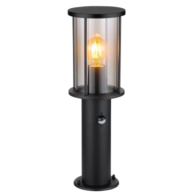 Image of Gracey Outdoor Pedestal Light Matt Black IP54 Smoke Glass Shade 1x E27 Dawn Dusk Sensor