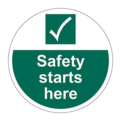 Image of Safety Starts Here Floor Sticker, Hard Wearing Non Slip/Abrasive Lamination, R9 Grade For Slip Resistance, High Strength Adhesive Backing, 400mm Diameter