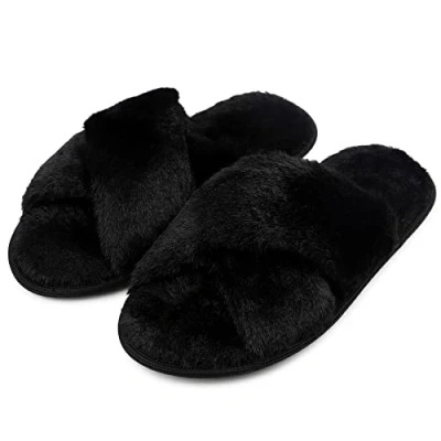 Image of riemot Slippers Women Fluffy Slipper Memory Foam Cross Band Furry Open Toe Ladies Soft Fur Warm Plush Home Anti Slide House Shoes for Girls Indoor Outdoor,Black,UK 7 8
