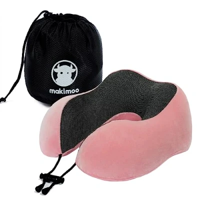 Image of Makimoo Memory Foam Travel Pillow, Neck Pillow with 360 Degree Head Support, Comfortable and Lightweight, Ideal for Sleeping on Airplane, Car, Train, Bus Home Use, Comes Storage Bag (Pink)
