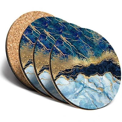 Image of Destination Vinyl ltd Great Coasters (Set of 4) Round Marbled Art Effect Blue Gold Marble Drink Glossy Coasters/Tabletop Protection for Any Table Type #21152
