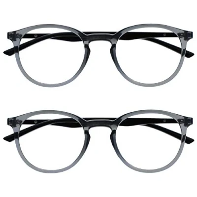 Image of OPULIZE Met Reading Glasses 2 Pack Slim Round Frame Scratch Resistant Spring Hinges Transparent Grey Solid Black Arm Mens Womens RR60 7 +2.00
