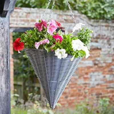 Image of Garden Mile 14in Slate Cone Rattan Hanging Basket Outdoor Durable Lined For Decorations, Balcony, Patio Flower Planters Weatherproof Planter
