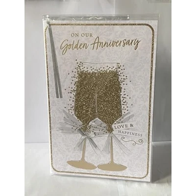 Image of On Our Golden Anniversary Love &amp; Happiness 50th Wedding Card Wife Husband Gold Glitter Flutes Ribbon/Glitter/Foil Detail(PRELUDE47288)