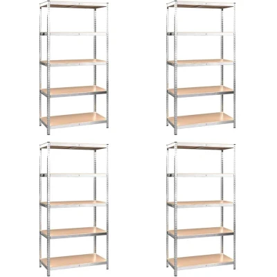 Image of vidaXL Industrial Storage Shelves 5 Layer Adjustable Silver Steel &amp; Wood 168cm Height with High Load Capacity Ideal for Garage/Office/Commercial Use