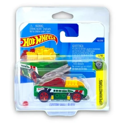 Image of Hot Wheels Custom Small Block (Green, Yellow &amp; Red) 8/10 Experimotors 2022 151/250 (Short Card) COMES IN A KLAS CAR KEEPER PROTECTIVE COLLECTORS CASE HCX69