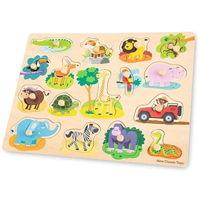 Image of New Classic Toys 10441 Peg Puzzle Safari 16 Pieces FSC 100% Certified Wood, 402 x 303 20mm, Neutral Shades of Green, Brown, and Beige