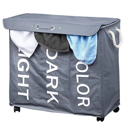 Image of Bakaji Dirty Laundry Basket 3 Compartments Spaces Oxford Fabric Foldable with Wheels and Handles Size 63 x 35 57 cm (Grey)