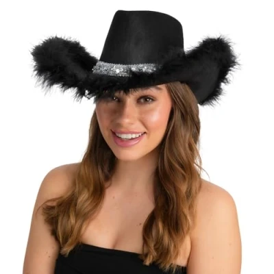 Image of Wicked Costumes Adult Texan Cowboy Hat Fancy Dress Party Accessory (Black Sequin and Feather)