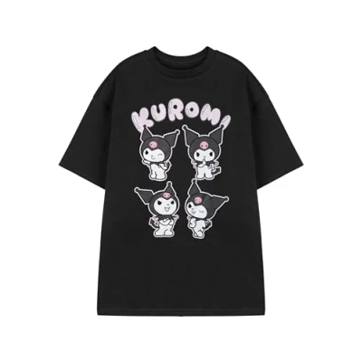 Image of Hello Kitty &amp; Friends Kuromi Womens Black Short Sleeved T Shirt Graphic Tee Sanrio Characters Top, My Melody, Cinnamoroll Retro Anime Apparel