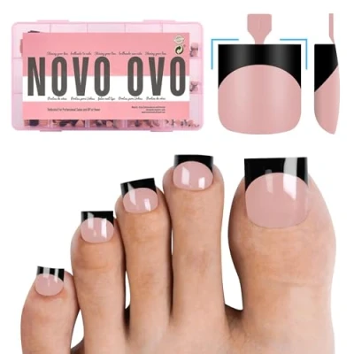 Image of NOVO OVO Black French Tip Toe Nail Tips Press on, BABY PINK Sharp Square Pre Designed Soft Gel False Toenail Extension, Long/Medium Wide Fake Toenails, Full Cover Acrylic for DIY 15 Sizes 240 pcs
